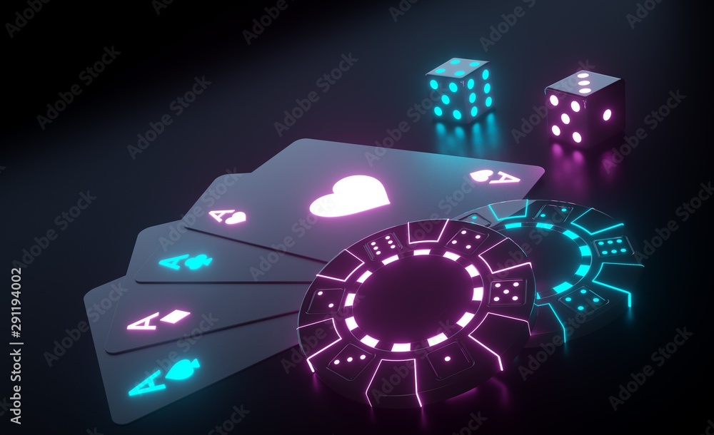 Fototapeta premium Four Aces, Casino Chips And Dices With Futuristic Glowing Purple And Blue Neon Lights Isolated On The Black Background - 3D Illustration