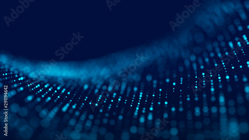 Abstract background with the movement of luminous particles. Digital technology. 3D rendering.