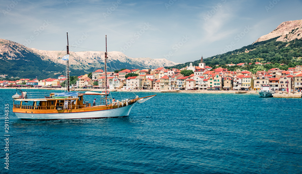 Picturesque morning cityscape of Bashka town. Magnificent summer seascape of Adriatic sea, Krk island, Kvarner bay archipelago, Croatia, Europe. Beautiful world of Mediterranean countries.
