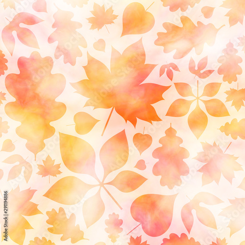 Autumn background with yellow and red leaves. Watercolor. Golden autumn 