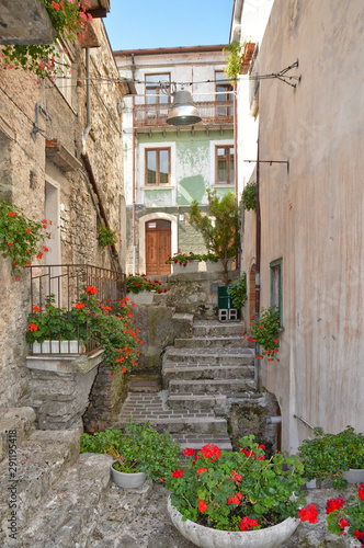 Fototapeta Naklejka Na Ścianę i Meble -  Carpinone, Italy, 09/05/2017. A narrow street among the houses of a rural village, embellished with flowers and colors.
