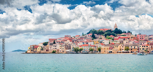 Tableau sur toile Cloudy summer view of Primosten town