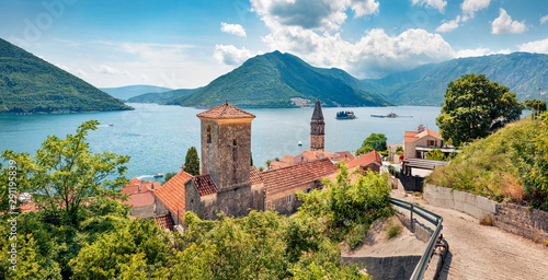 Exciting summer view of Perast town. Wonderful morning scene of Kotor Bay, Montenegro, Europe. Traveling concept background. Beautiful world of Mediterranean countries