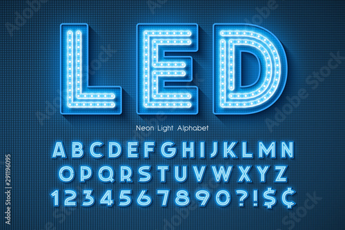 Neon light 3d alphabet, extra glowing font.