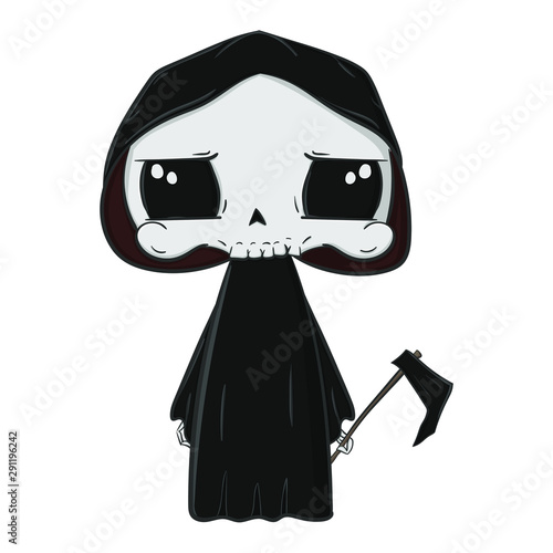 Cute halloween grim reaper cartoon character vector illustration, isolated clip-art.