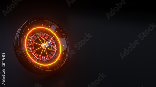 Futuristic Roulette Wheel With Orange Neon Lights Isolated On The Black Background - 3D Illustration