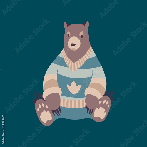 Bear wearing clothes. Scandinavian style vector wild forest animal. Cartoon retro character. Cute hugge autumn or winter illustration