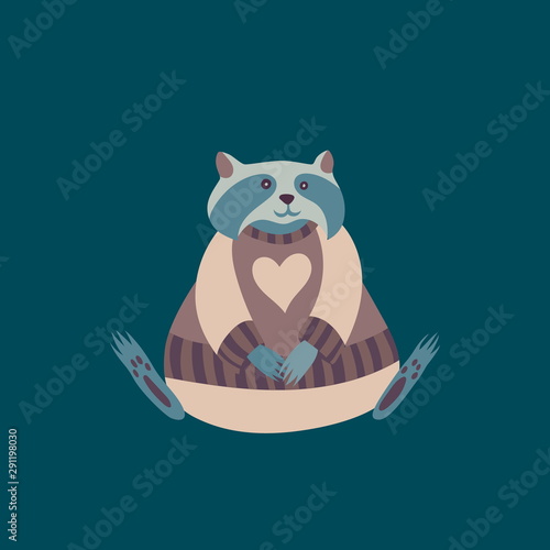 Raccoon wearing clothes. Scandinavian style vector wild forest animal. Cartoon retro character. Cute hugge autumn or winter illustration