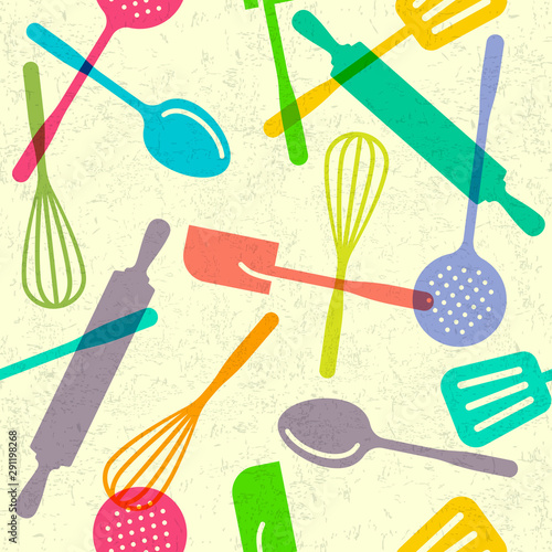 Seamless pattern for multicolor utensils. Kitchen spatula, skimmer, rolling pin, spoons, whisk. Utensils  or  cooking background. 