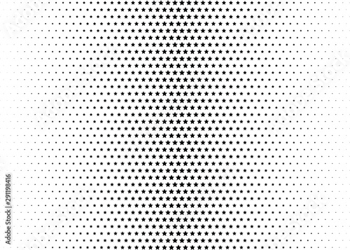 Abstract halftone dotted background. Monochrome futuristic grunge pattern, stars. Vector modern optical pop art texture for posters, site, postcard, cover, labels, vintage sticker, mock-up layout.