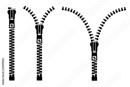 Zipper sign set silhouette. Set of close and open zip with fastener. Zipper buttoned, lock and unlock – stock vector