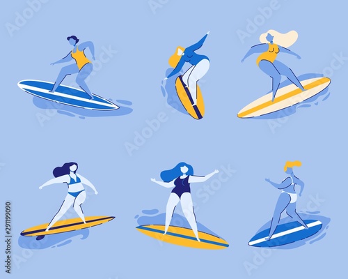Surfing Women Set Isolated on Blue Background