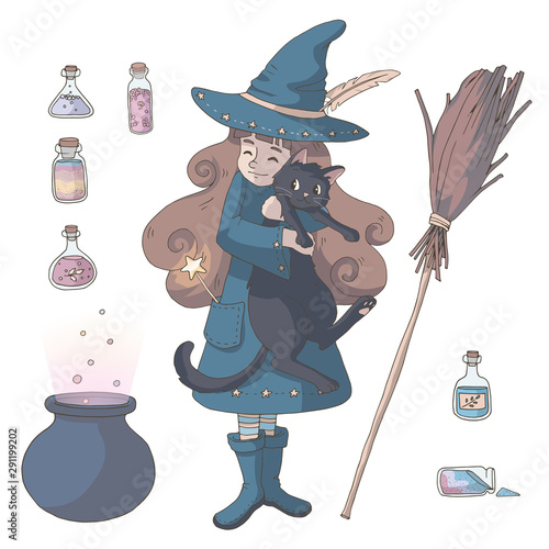 Cute cartoon witch with her black cat and various bottles of potion, magic broom and cauldron. Vector illustration. Isolated objects on white background. Decor elements for gift card and kids products