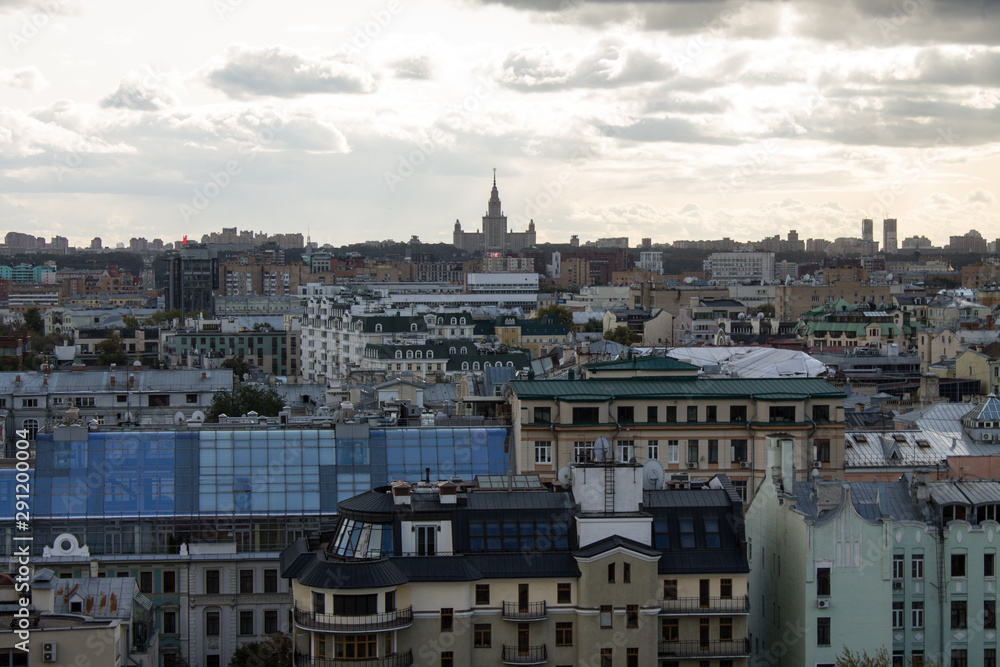 top view on the historical center of the city and cloudy sky from the panoramic platform of the temple of Christ the Savior in Moscow Russia