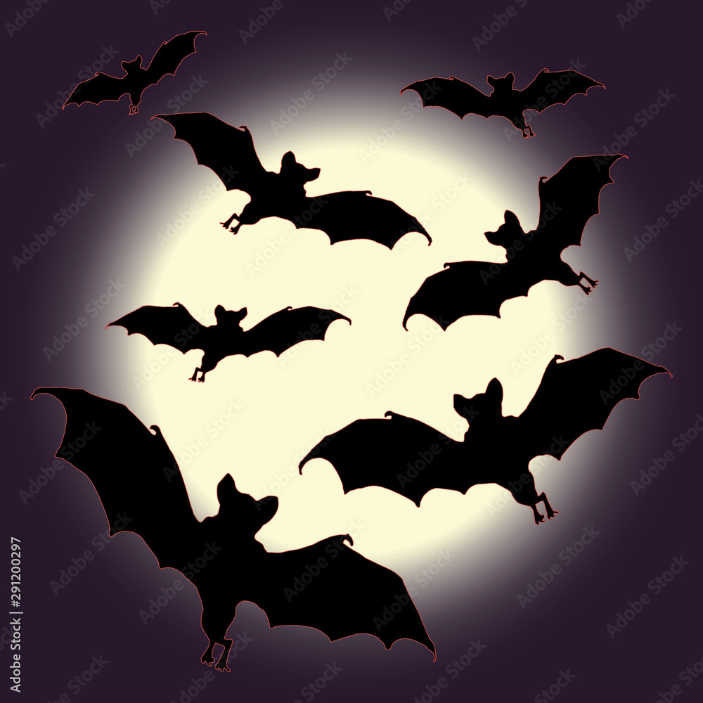 solated images of bats on dark background, moon background