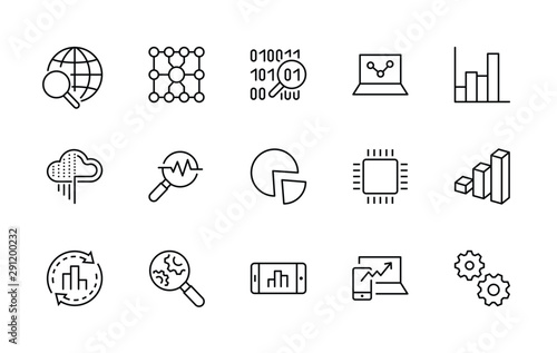 Set of Data Analysis Related Technology Vector Line Icons. Contains such Icons as Charts, Search, Graphs, Traffic Analysis, Big Data and more. Editable Stroke. 32x32 Pixel Perfect