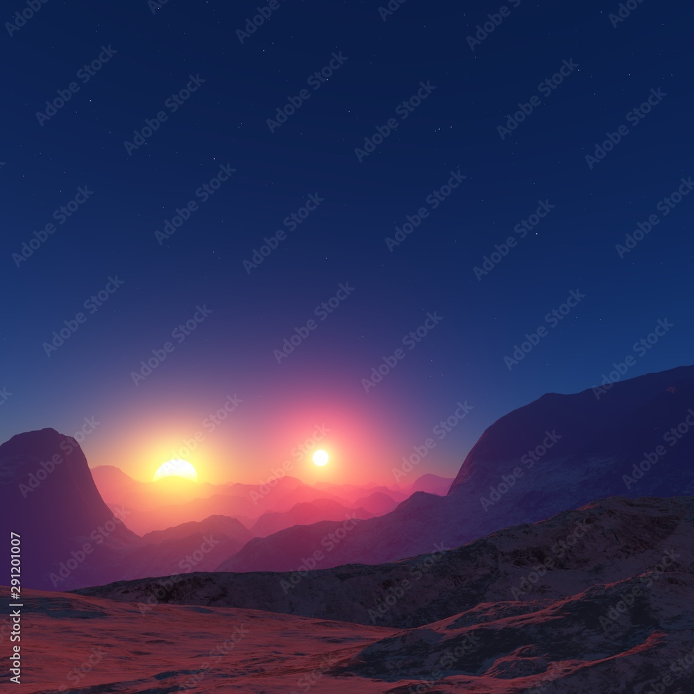 3D illustration of a fantastic extraterrestrial scene. Sunset on a planet in a binary star system. Mountain landscape. Beautiful space wallpaper.