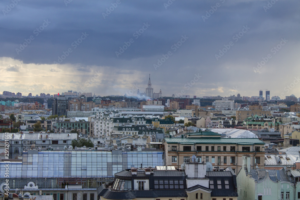top view on the historical center of the city and cloudy sky from the panoramic platform of the temple of Christ the Savior in Moscow Russia