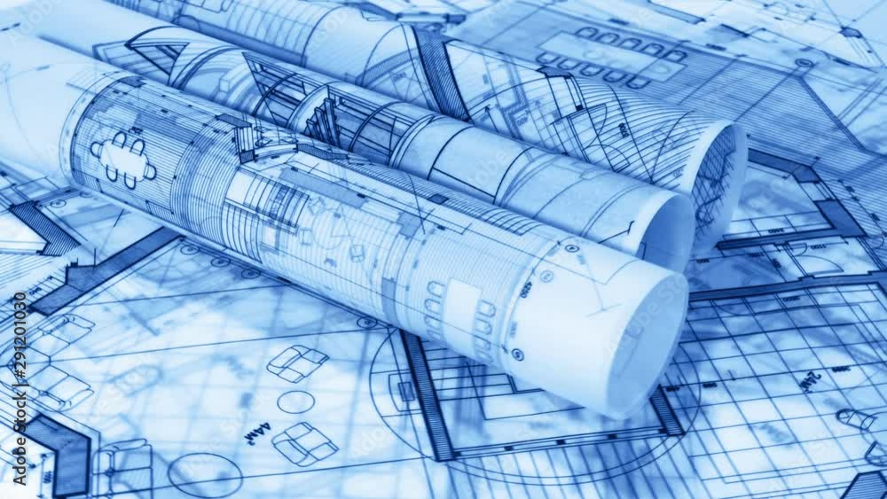 Blueprints - rolls of architectural drawings smoothly rotate on the surface of the architectural plan of a modern house / seamless looping Blueprints - rolls of architectural drawings smoothly rotate on the surface of the architectural plan of a modern house / seamless looping