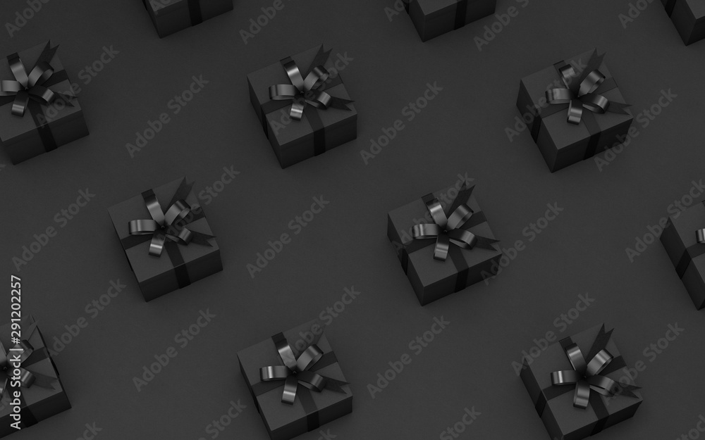 Naklejka premium Gift boxes wrapped in black paper with black ribbon. Top view. 3D illustraiton