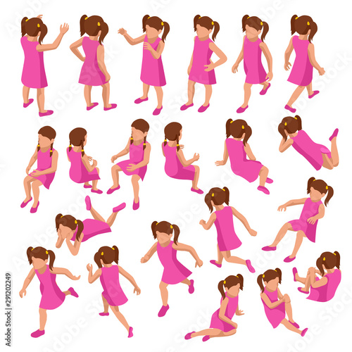 Isometric set of girls in different poses stands, runs, sits, lies and others on white background. Constructor set or creation kit