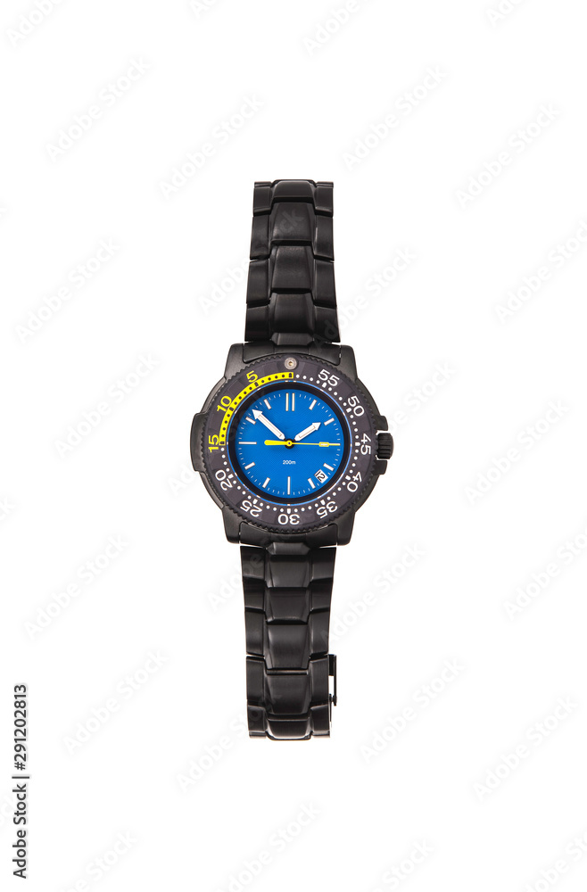 Wristwatch isolate on a white background. Sports wrist watch with a metal bracelet. Watches for scuba divers. Wristwatch isolate on a white background. Sports wrist watch with a metal bracelet. Watches for scuba divers.
