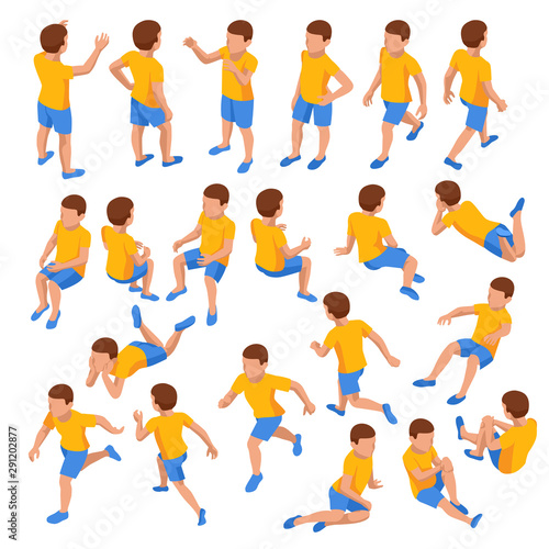 Isometric set of boys in different poses stands, runs, sits, lies and others on white background. Constructor set or creation kit