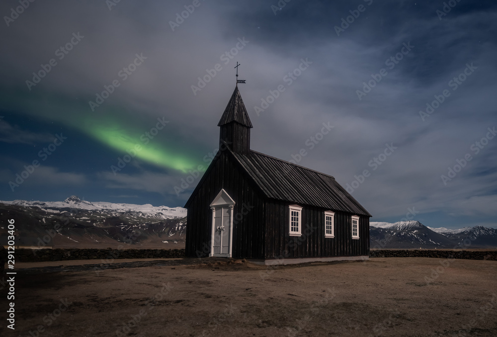 Northern lights aurora borealis Black church in Iceland