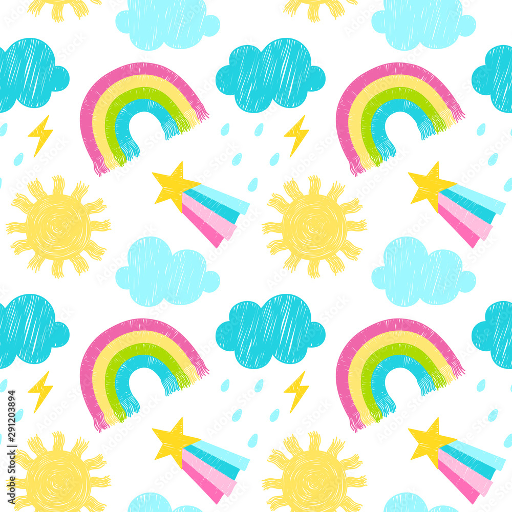 Hand-drawn cute weather, sun, rainbow, clouds, rain, lightning, star. Seamless vector pattern. Hand-drawn cute weather, sun, rainbow, clouds, rain, lightning, star. Seamless vector pattern.