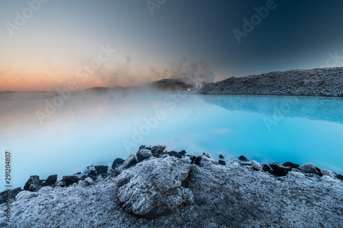 Beautiful landscape and sunset near Blue lagoon hot spring spa in Iceland