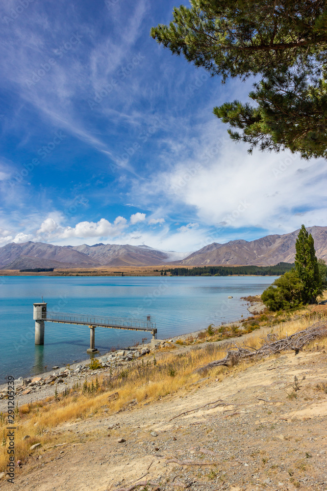 view of Tekapo lake on a sunny day, New Zealand