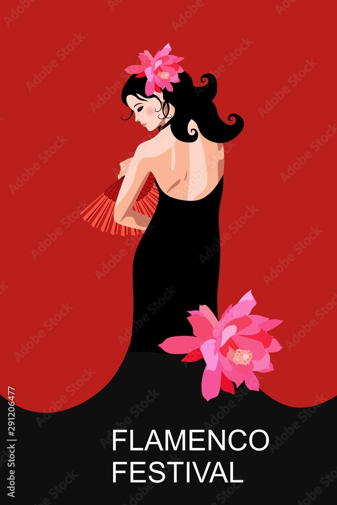 Flamenco festival poster. Beautiful spanish girl with fan on her hand, dressed in black dress, posing against red background. Flamenco festival poster. Beautiful spanish girl with fan on her hand, dressed in black dress, posing against red background.