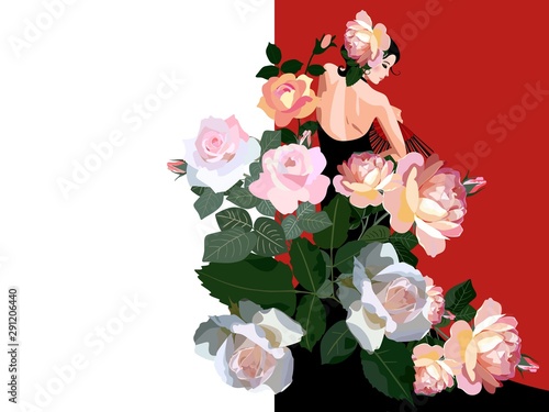 Flamenco dancer girl, dressed in black dress, with fan in her hand and and huge bouquet of rose flowers. Wedding invitation. Beautiful card in vintage style.