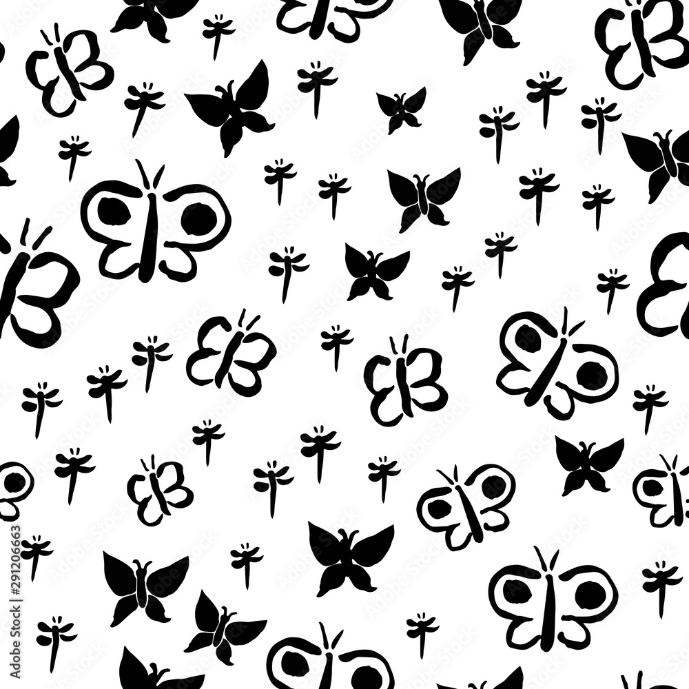 Seamless repeat pattern with simple fluttering butterfly and dragonfly black and white silhouettes Seamless repeat pattern with simple fluttering butterfly and dragonfly black and white silhouettes