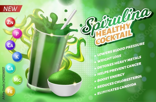 Realistic 3D Glass Spirulina Powder Cocktail Drink