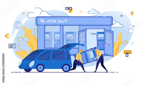 Cartoon Thief Carry ATM to Car Bank Terminal Theft