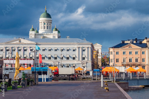 Helsinki. Finland. Market Square. Harbor in the city of Helsinki. Suurkirkko. Domes of St. Nicholas Cathedral. Sea cruise to Finland. Helsinki cityscape. Berth for ferries. Market in the capital