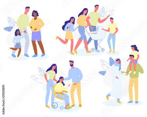 Multiracial Family Character Parents and Kids Walk