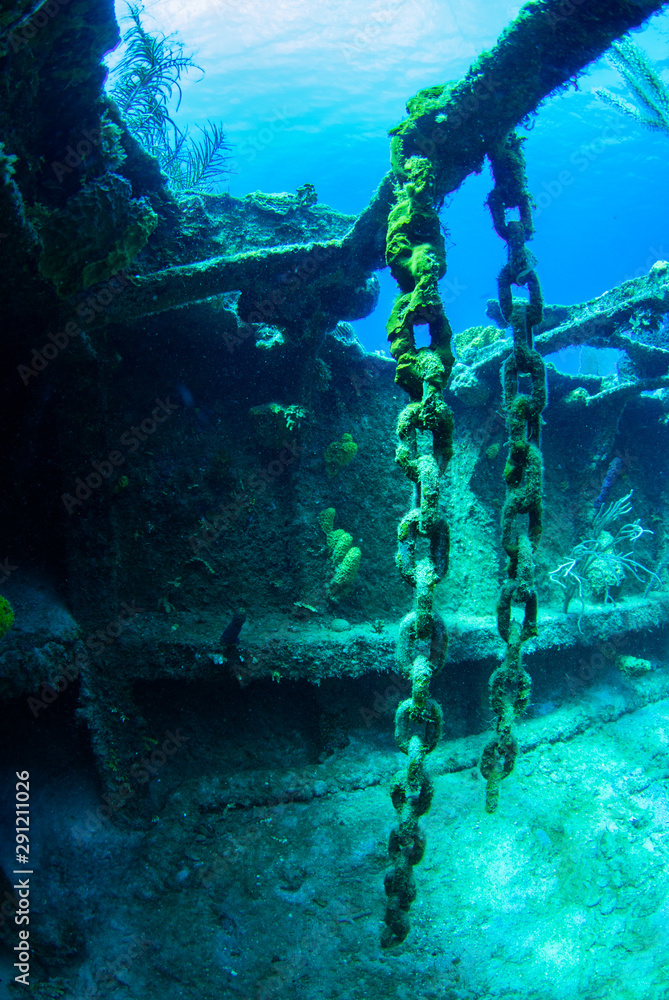 A decaying chain hangs from some structure in a sunken shipwreck. The  rusting metal underwater provides a habitat for marine life and is also  enjoyable for scuba divers to see Photos