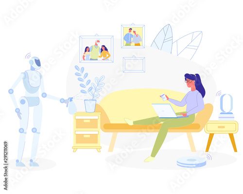 Woman Relaxing at Home Robot Doing Household Works