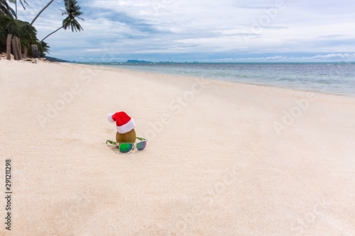 Coconut in a Santa Christmas hat with sunglasses in sand on a tropical beach. Holiday tropic summer concept