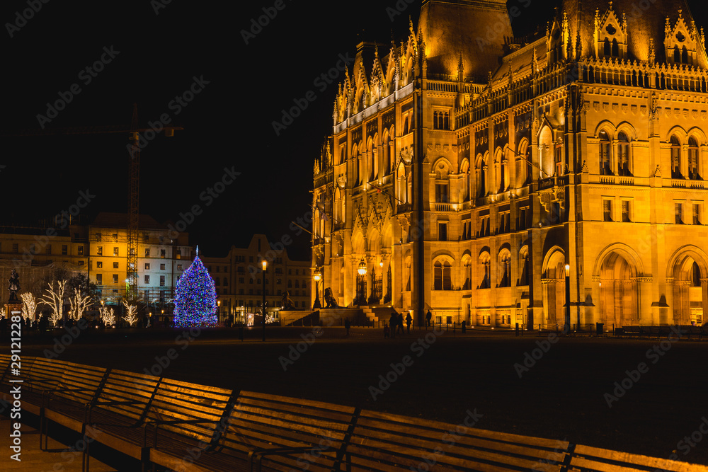 Christmas Tree In Front Off Parliament Building, At Kossuth Square, Budapest, Hungary