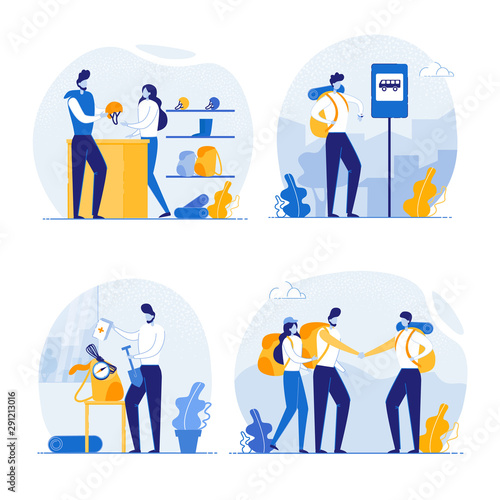 People Preparing for Hiking and Camping Vector.