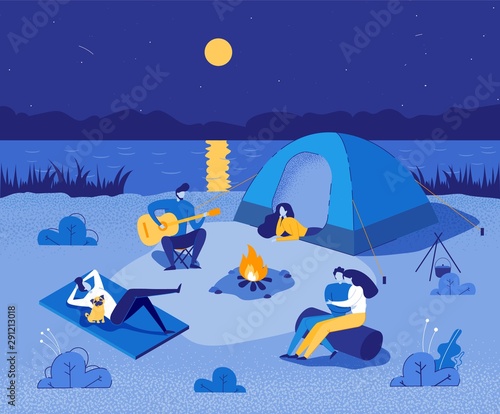 People Sitting around Campfire and Having Rest.