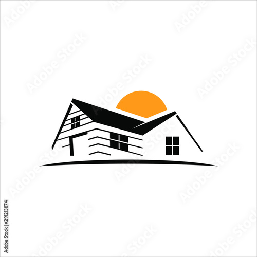 house logo simple flat black illustration with yellow sunset design idea
