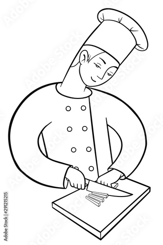 Happy cook holds a knife and cuts on a chopping board. Man in chef uniform and cap at work. Vector outline illustration drawings on a white background