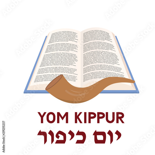 Yom Kippur Day of Atonement Jewish holiday typography poster with book, shofar and lettering. Easy to edit vector template for, greeting card, banner, flyer.