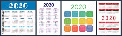 Calendar 2020 year set. Vector square and vertical calender design template. Colorful English collection. Week starts on Sunday