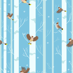 Stickers Berken patronen Pestvogels in winters berkenbos patroon  © Екатерина Зирина