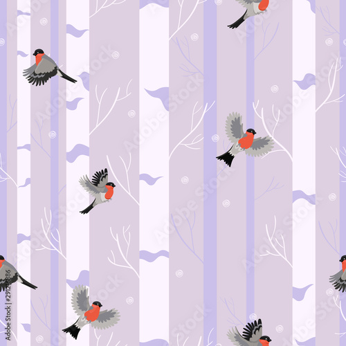 Seamless pattern birds bullfinches in the winter forest. © Екатерина Зирина